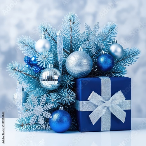 Elegant blue pine branches adorned with shimmering silver and blue ornaments, featuring a wrapped gift box beneath the holiday foliage, aesthetic, needle, surprise