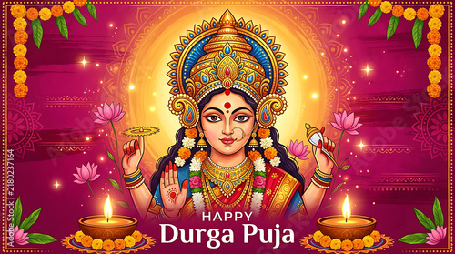 Happy durga puja greeting card with goddess durga illustration