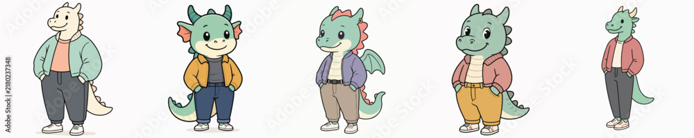 Obraz premium A set of cute dragon vectors in trendy outfits, posing while standing with hands in their pockets.