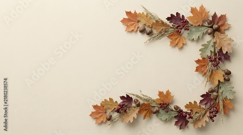 Autumn composition with colorful fall leaves arranged in a corner frame on a light background