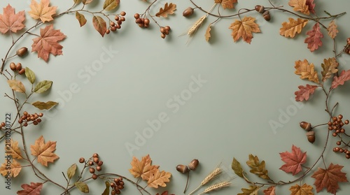 Flat lay composition of colorful autumn leaves and berries forming a frame on light background