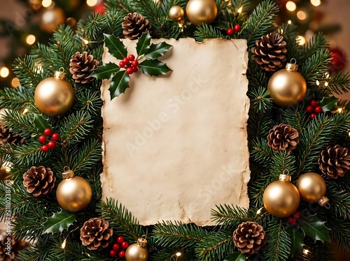 Blank Parchment Paper Surrounded By Christmas Pine Wreath