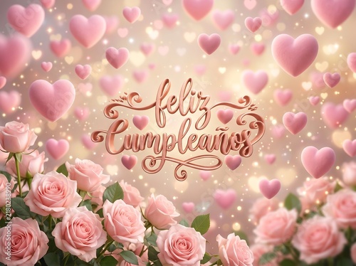 Pink Roses And Hearts Background With Feliz Cumpleanos Text