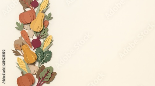 Vertical border made of hand drawn colorful fresh vegetables on a light cream background