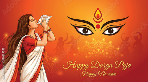 Happy durga puja and navratri greeting card with traditional woman blowing conch