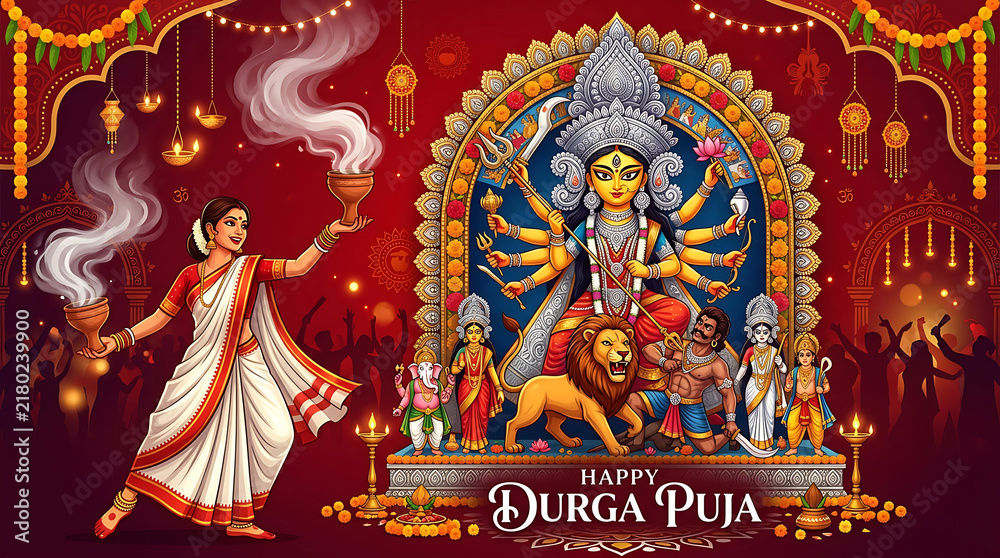 Fototapeta premium Happy durga puja celebration with goddess durga and traditional dancer