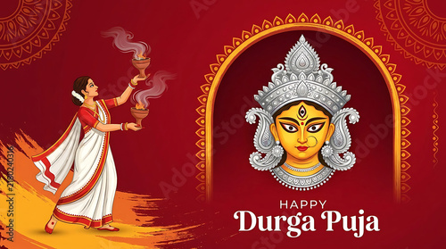 Happy durga puja greeting card with goddess durga and traditional dancer