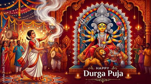 A woman performing dhunuchi dance during the vibrant durga puja festival celebration