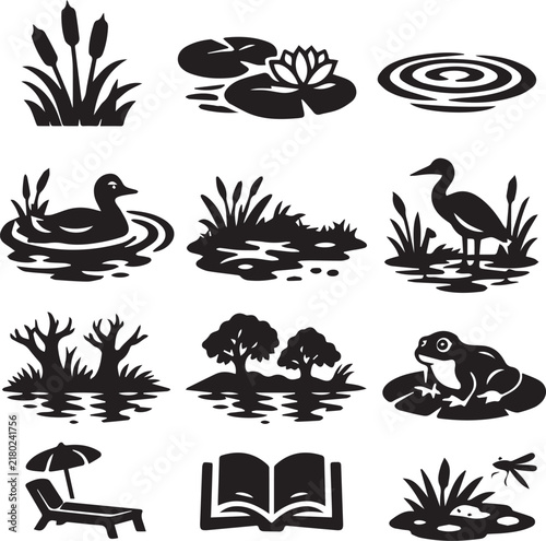 Collection of various nature and pond life icons presented in a clean black and white graphic silhouette