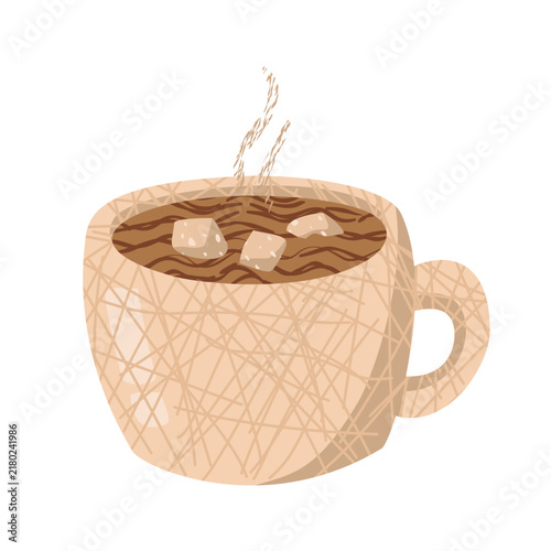 Cute hot chocolate cocoa mug with marshmallows illustration isolated on white background