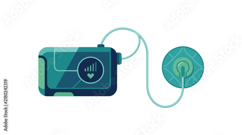 Diabetes insulin pump and glucose monitoring device in flat vector illustration style for chronic illness healthcare services