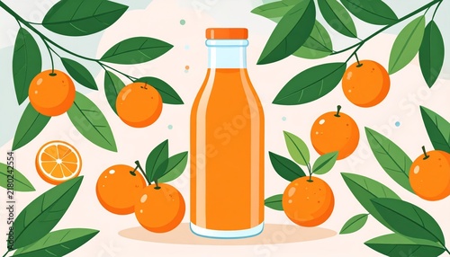 Fresh Orange Juice in Glass Bottle with Citrus Fruit and Green Leaf Illustration