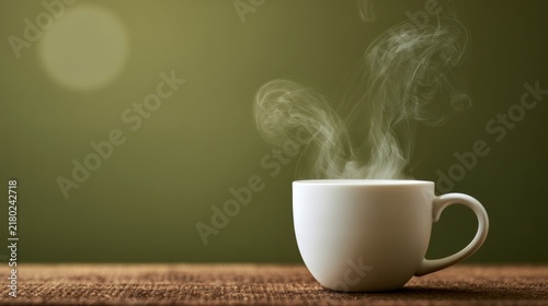 A steaming white ceramic cup of hot coffee or tea sits on a rustic wooden table against a dark background