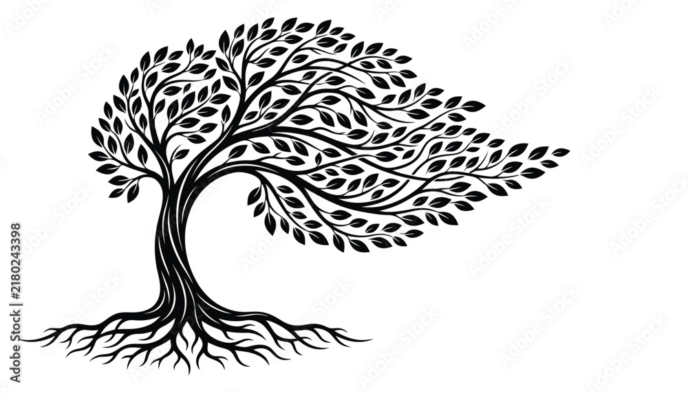 Fototapeta premium Stylized tree with roots and leaves blowing in the wind, black silhouette