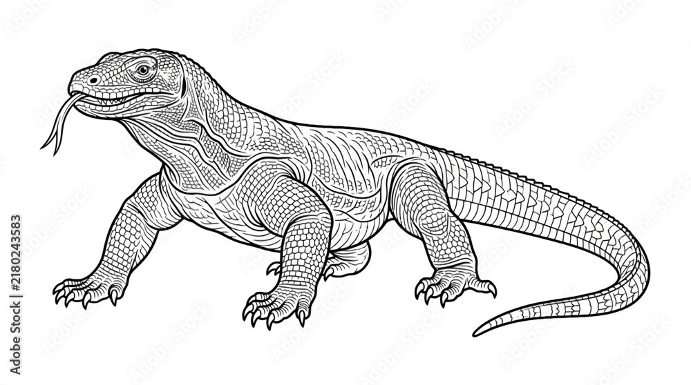 Fototapeta premium Komodo dragon lizard vector line art illustration