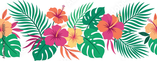 Tropical floral border with colorful hibiscus flowers and green palm leaves in a flat vector illustration style