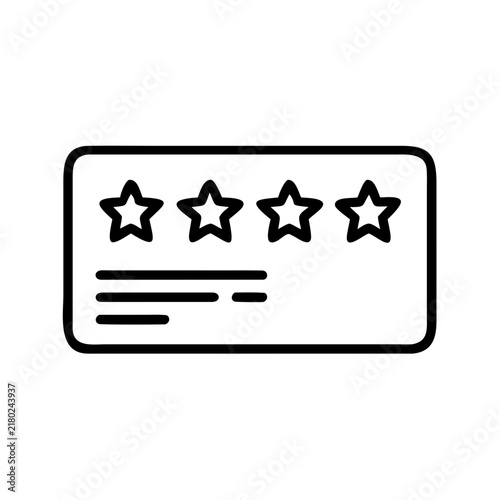 Black outline rating card icon with four stars on transparent.