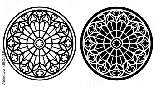 Gothic rose window architectural element in black and white vector illustration with architecture circular geometric ornament cathedral religion illustration historic