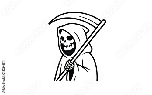 Принти на полотні Spooky Grim Reaper vector character wearing hooded robe holding sharp scythe bla