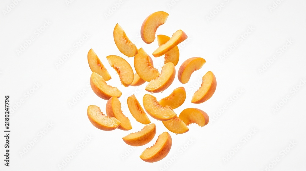 Fototapeta premium Fresh peach slices falling on white background