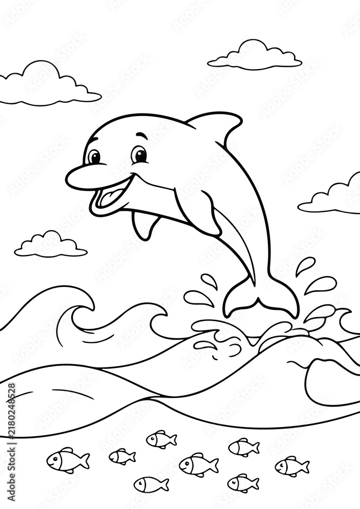 Obraz premium Happy Jumping Dolphin Coloring Page for Kids