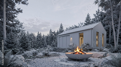 A minimalist modern cabin nestled within a serene, snow-dusted forest, with a warm bonfire crackling invitingly in the foreground, creating a cozy ambiance.