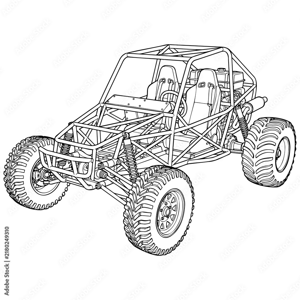 Fototapeta premium Line drawing of an fff road buggy vehicle illustration with roll cage and large tires