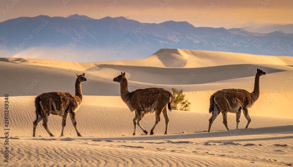 Fototapeta premium Guanaco herd walking across sand dunes in the Atacama Desert at sunset