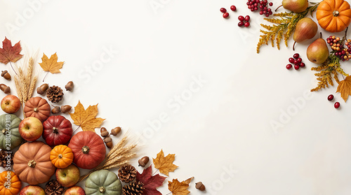 Autumn harvest border with colorful pumpkins fall leaves and seasonal berries