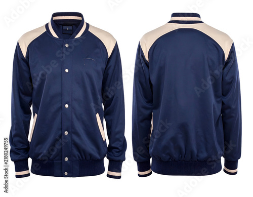 Front and back view of blue varsity jacket mockup
