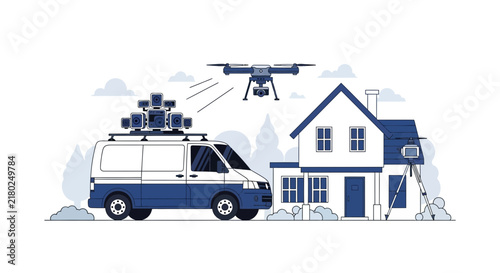 Real Estate 3D Mapping and Surveillance Illustration with Van, Drone, and Cameras