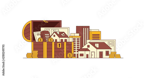 Real estate investment concept vector featuring a treasure chest filled with houses, buildings, and gold coins.