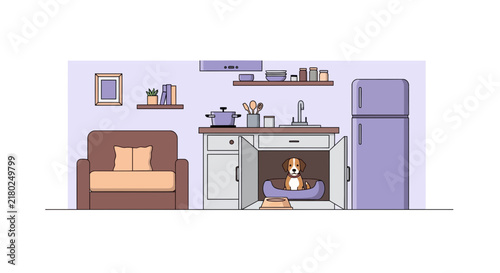 Flat vector illustration of a dog in a kitchen cabinet bed. Modern pet-friendly studio apartment interior.