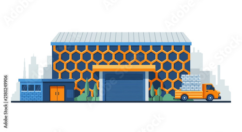 Modern Logistics Warehouse with Honeycomb Pattern and Delivery Truck Flat Vector Illustration