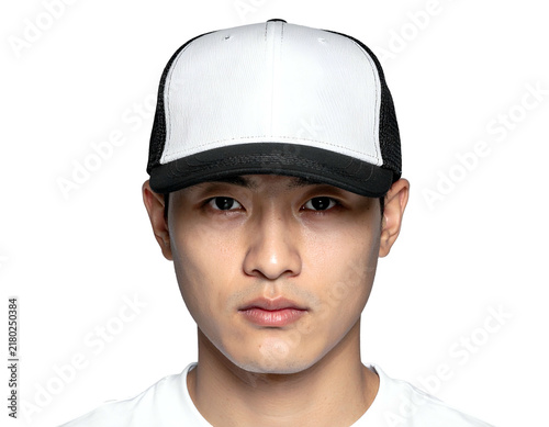 Front view of Asian man wearing trucker cap.