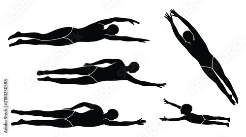 Swimmers in various freestyle poses depicted as a black silhouette swimming