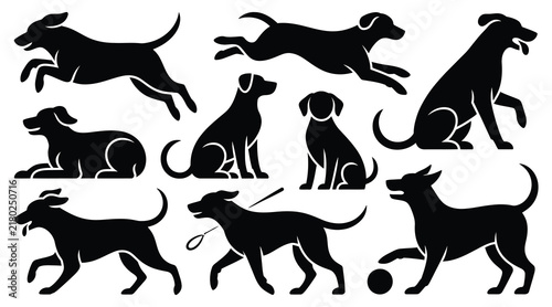 Collection of canine silhouettes depicting various dog poses and activities silhouette