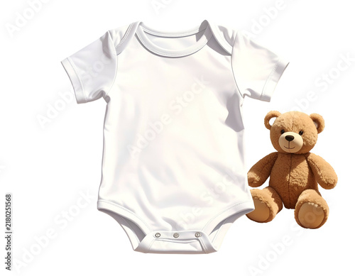 Infant white bodysuit mockup with brown teddy bear.