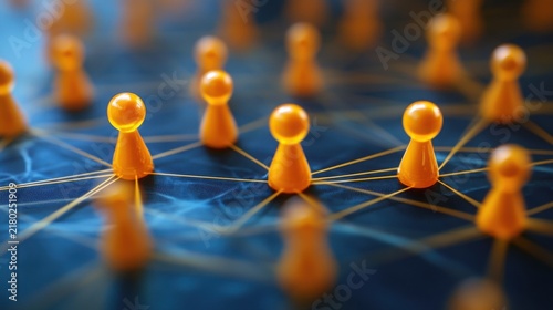Orange game pawns connected by lines on a dark blue surface