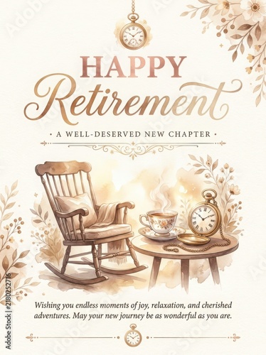 Elegant retirement card with rocking chair, teacup, clock, and floral design