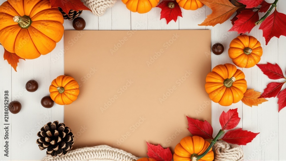 Fototapeta premium Autumn scene. Pumpkins, leaves, pinecone surround blank paper. Rustic white wood background creates cozy fall vibe.