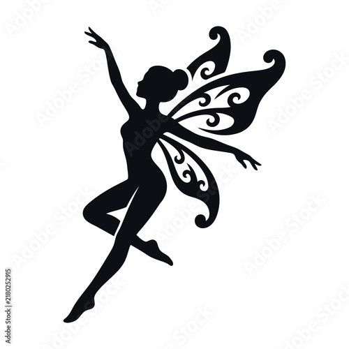 Bild auf Leinwand Black silhouette of a fairy with ornate wings flying gracefully in mid-air