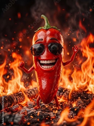 Cool Chili Pepper Character with Sunglasses in Fire Illustration