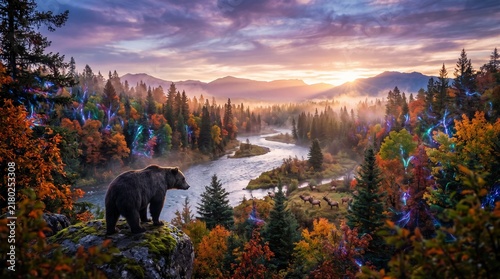 Bear Standing on Rock Overlooking River at Sunset Illustration