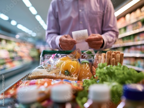 A person reviews a shopping receipt while pushing a grocery cart filled with fresh produce and packaged goods in a supermarket aisle.