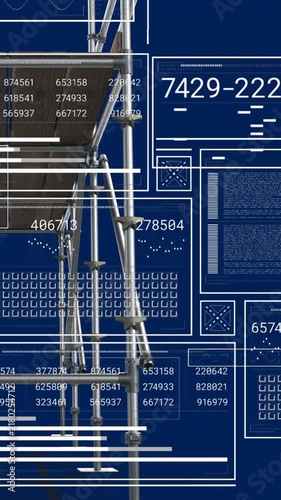 Animation of data processing and screens over scaffolding