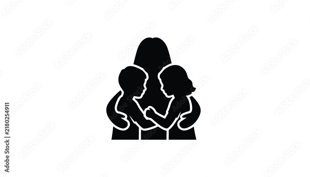 Fototapeta premium Beautiful silhouette icon of a loving mother hugging her young son and daughter on a clean white background.