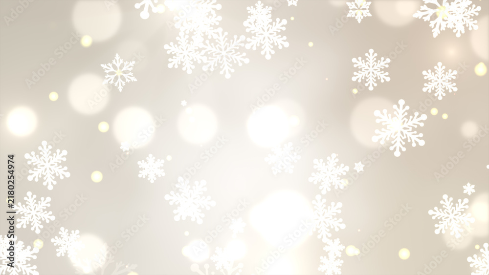 Naklejka premium 大きな雪の結晶と光の粒子が舞うゴールドとベージュの背景イラスト素材