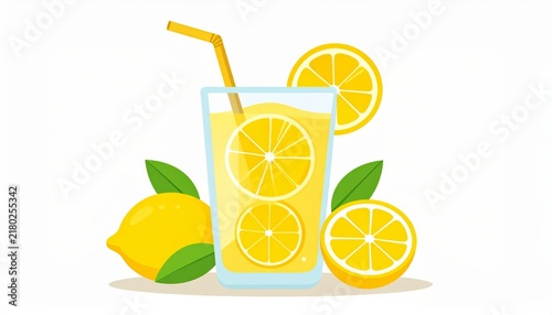 Fresh Lemonade in Glass with Straw and Lemon Slice
