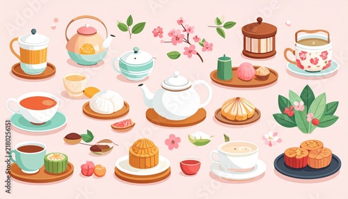 Asian Tea Ceremony Set with Mooncake and Traditional Dessert | Illustration
